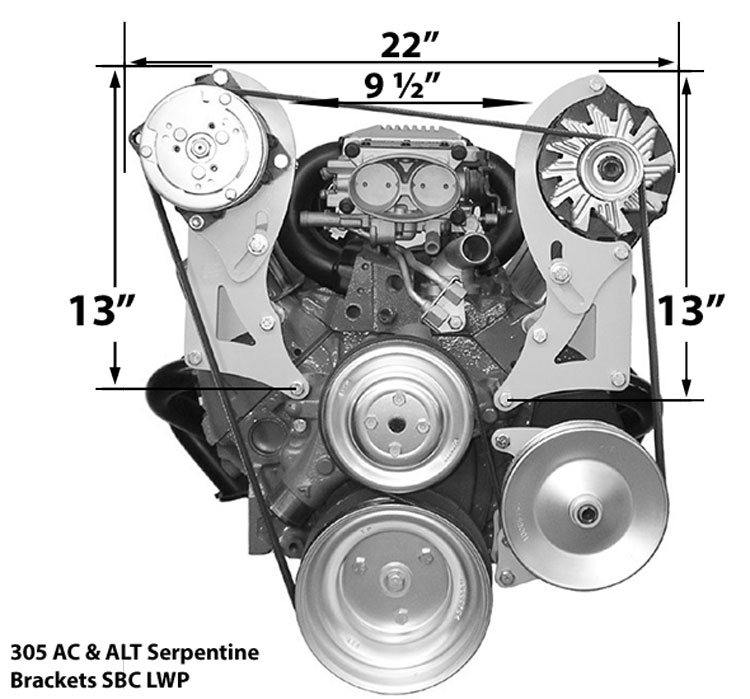 Street Rod (1969 - 86 Heads) SBC Long Water Pump AC & Alternator setup (Reverse Rotation Water Pump)