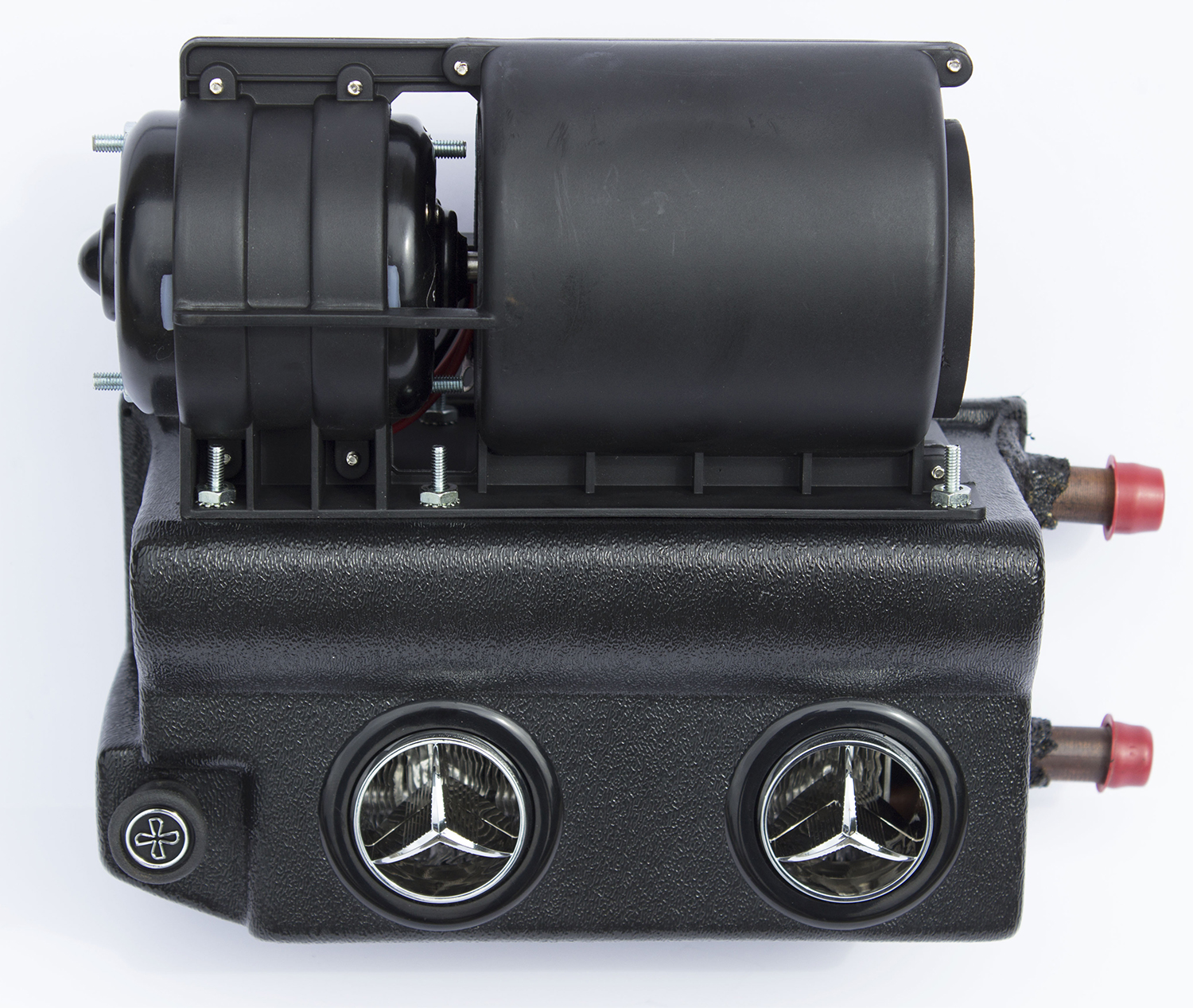 New universal street rod heater/hot rod heater system with built in black vents that will fit most years makes and models of cars, trucks, vans, street rods, etc. Dimensions of the unit are 10" Wide x 5" Deep and 9 1/16" Tall.